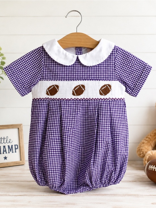 Shop Teeta Other - NWT Shop Teeta Purple Gingham Football Noah Bubble Smocked Romper 24M Lined